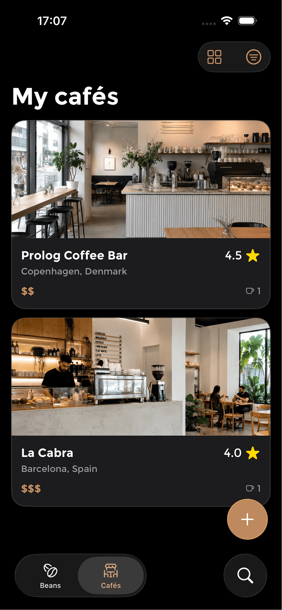 My cafés list showing Prolog Coffee Bar in Copenhagen and La Cabra in Barcelona with photos, price ranges and ratings.